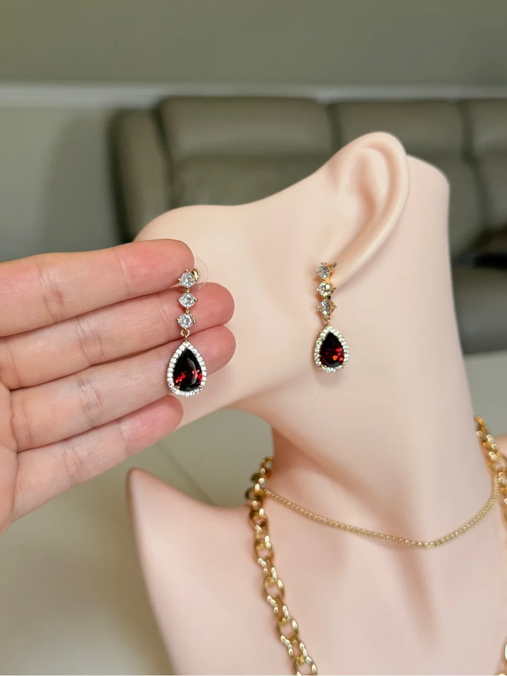 Gold Garnet Teardrop Drop Earrings with Zirconia